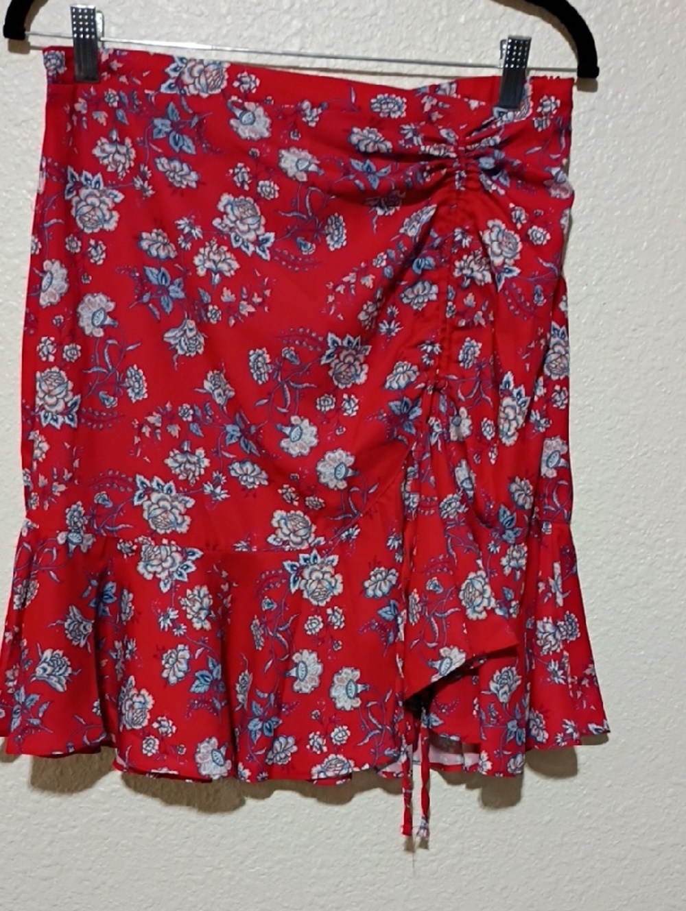 Red Floral High-Low Ruffle Skirt with Side Tie
